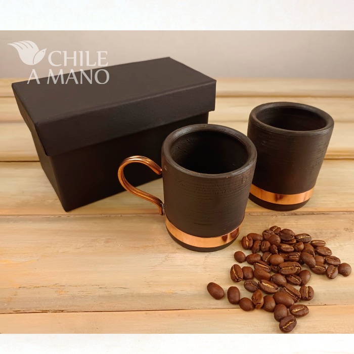 Set de tazas de greda y cobre para café espresso empaque caja de