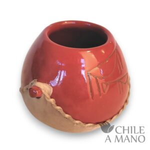 Mate pequeño de cerámica esmaltada rojo y cuero